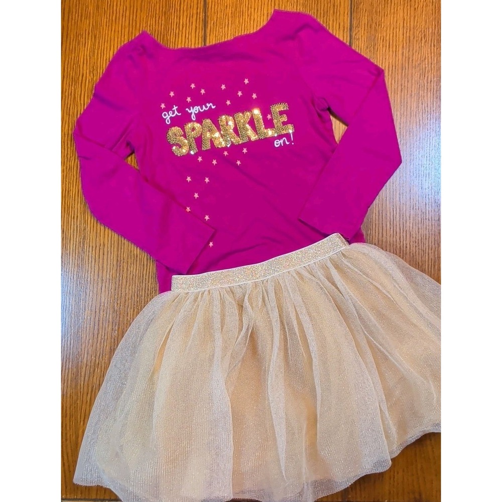Crazy 8 Girls Long Sleeve Pink Graphic Sparkle Shirt & Gold Tulle Skirt Size 5 6